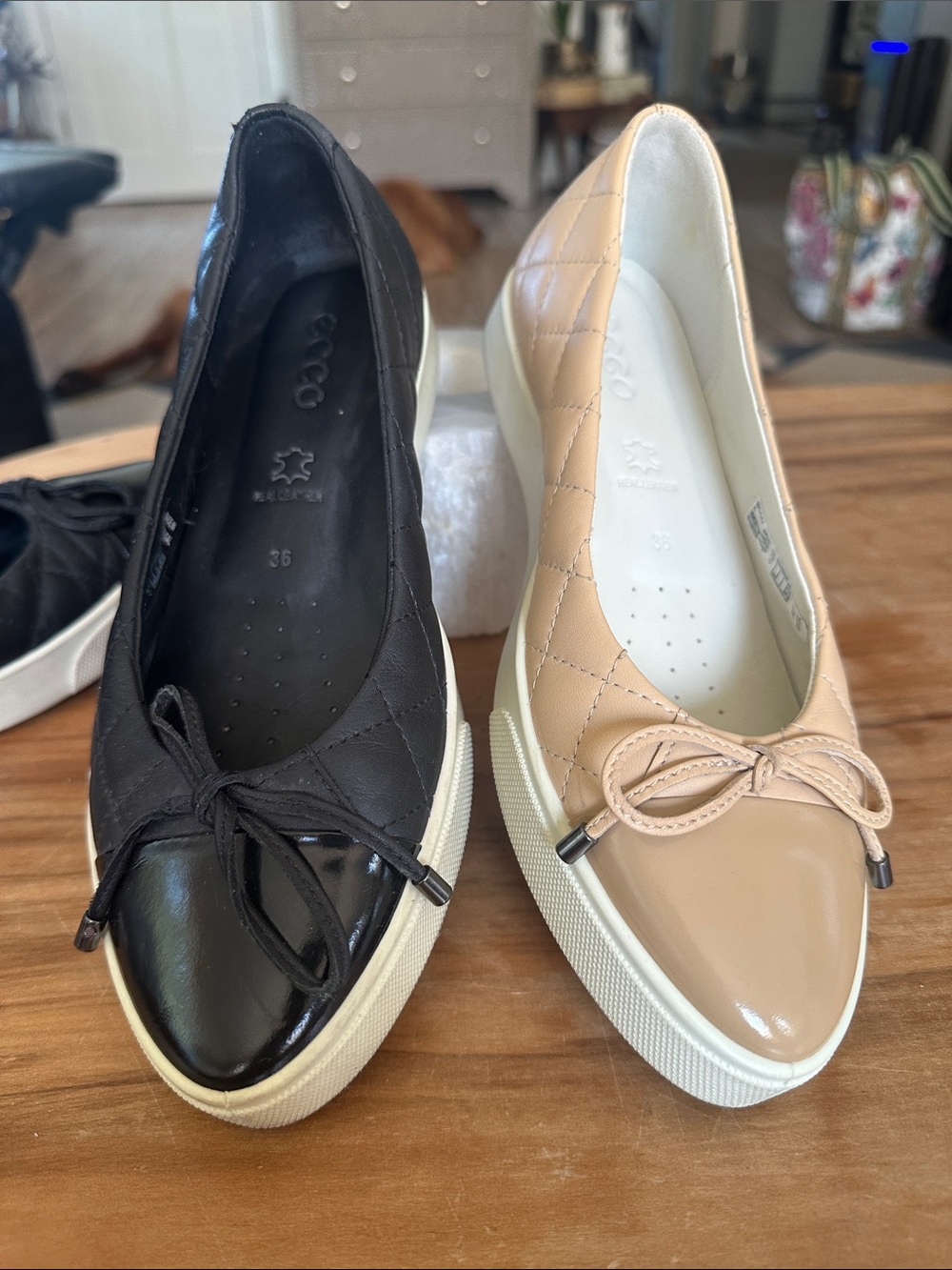 ECCO Quilted Bow Slip-On Flats in Navy and Beige/Tan size 5 or 36 used 2 pairs